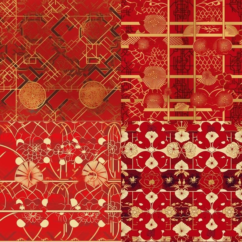 12 Japanese Red and Gold Chinoiserie, Seamless, Vintage, Digital Download, Old Japanese Art