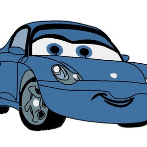 Może przedstawiać: Niebieski samochód z kreskówki z uśmiechającą się twarzą i dużymi oczami. Samochód ma czarną szybę przednią i czarne reflektory.