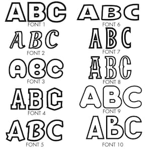 May include: A white background displays ten different black and white ABC font styles. Each font is labeled with the word "FONT" followed by a number from 1 to 10. The fonts vary in style, including block, bubble, and outlined designs.