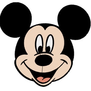 Puede incluir: Una ilustración de dibujos animados de la cara de Mickey Mouse. Mickey tiene orejas grandes negras, una nariz negra y una amplia sonrisa con dientes.