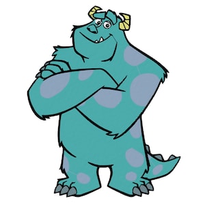 May include: A cartoon illustration of a blue monster with yellow horns and a big smile. The monster is standing with its arms crossed and has blue spots on its body.