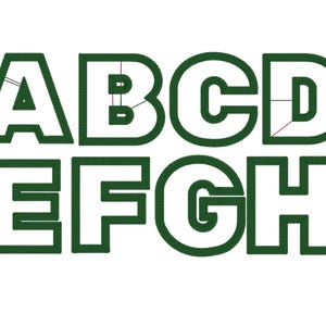 May include: Green outlined letters A through H in a bold, sans-serif font. The letters are arranged in two rows, with A, B, C, and D on the top row and E, F, G, and H on the bottom row. The letters are on a white background.