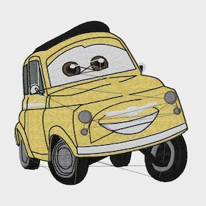 May include: A yellow cartoon car with a smiling face and large eyes. The car has a black roof and black wheels.