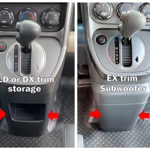 May include: A comparison of two vehicle center consoles. The left side shows an LD or DX trim storage compartment with red arrows. The right side shows an EX trim subwoofer housing with red arrows. Both feature a gear shifter and climate controls.