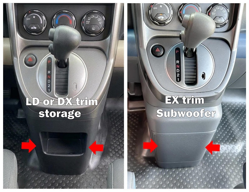 May include: A comparison of two vehicle center consoles. The left side shows an LD or DX trim storage compartment with red arrows. The right side shows an EX trim subwoofer housing with red arrows. Both feature a gear shifter and climate controls.