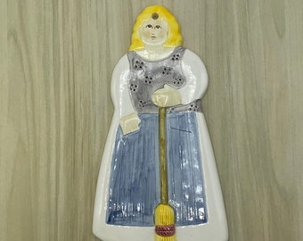 Les Artisans Sigma, Ceramic Wall Art, Wall Plaque, Lady with Broom, Housemaid, Vintage, Blue, Gray, Blonde, Housewarming Gift