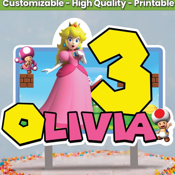 Princess Peach Happy Birthday Custom Cake Topper / Naam en leeftijd personaliseren / Super Mario Birthday Party / Gamer Thema / Digitaal bestand