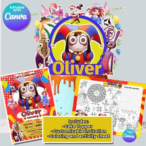 Bundle Pomni The Amazing Digital Circus / Invitation Cake topper Coloring and Activity Sheet  / birthday Party / editable Canva printable /