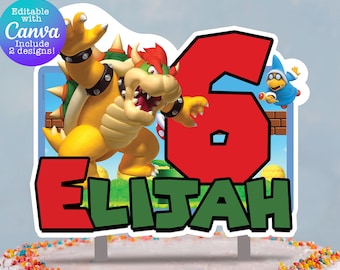 Bowser Happy Birthday Custom Cake Topper / Personalize name and age / Super Mario Birthday Party / Gamer Theme / Digital File