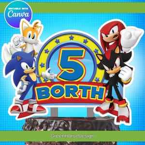 Sonic and Shadow the Hedgehog Happy Birthday Custom Cake Topper with Tails Knuckles / Personalize name and age / Gamer Theme / Digital File