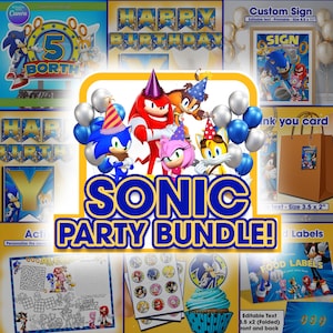 Sonic the Hedgehog Happy Birthday Party Bundle / Personalize name and age / Gamer Theme / Digital File / activity sheet / food label garland