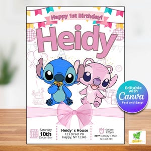 Modèle d'invitation d'anniversaire modifiable Stich, un an, carte d'invitation numérique pour anniversaire, invitation numérique à une fête d'enfants, invitations d'anniversaire imprimables