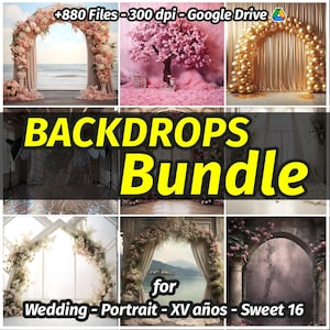 May include: A digital download of 880 backdrop images for weddings, portraits, quinceañeras, and sweet sixteen parties. The images feature floral arches, a pink cherry blossom tree, and a gold balloon arch.