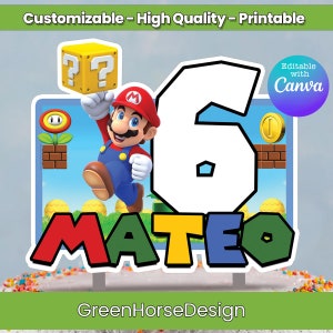 Super Mario Happy Birthday Custom Cake Topper / Personalize name and age / Super Mario Birthday Party / Gamer Theme / Digital File