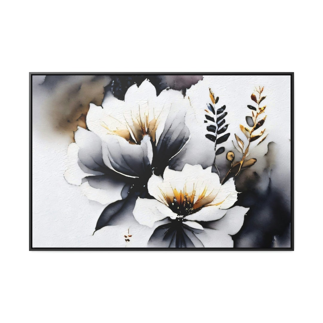 Framed Black and Gold Floral Canvas Watercolor Painting Etsy