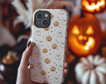 Halloween-telefonskal med spöken och pumpa, läskig säsong