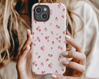 Perfectly pretty pink strawberry phone case for iphone, google pixel and samsung galaxy, perfect gift for her, hand drawn fruit