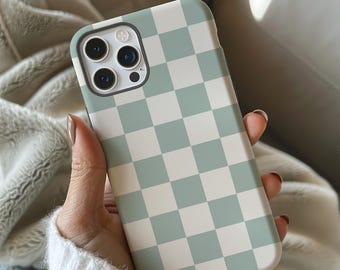 Dusty Teal Checkered Phone case for Iphone, Samsung, Pixel, Boho Style, Protective Cover, Stylish Accessories, Unique Gifts