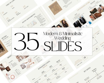 Puede incluir: Una presentación con 35 diapositivas para una boda moderna y minimalista. Las diapositivas incluyen detalles sobre el día de la boda, los costes estimados y una línea de tiempo de los eventos. Las diapositivas están diseñadas con una estética minimalista, con una paleta de colores neutros y una tipografía simple.