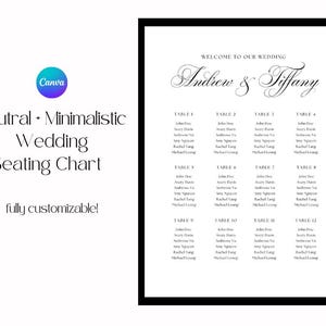 May include: A black and white wedding seating chart with the text "Welcome to our wedding Andrew & Tiffany". The chart lists tables 1 through 12 with guest names.