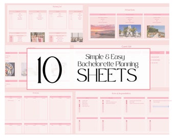 Puede incluir: Un conjunto de 10 hojas de planificación de despedida de soltera imprimibles en rosa y blanco con el texto "Simple & Easy Bachelorette Planning Sheets" y el número "10".