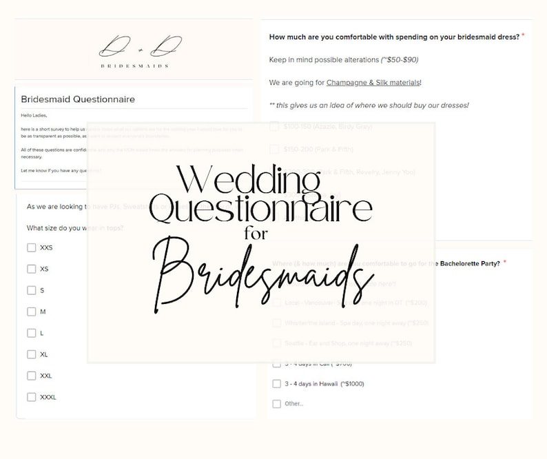 Bridal Party Questionnaire Editable Google Form to Plan With Your