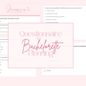 Könnte beinhalten: Ein rosa-weißer Fragebogen zur Planung eines Junggesellinnenabschieds. Der Fragebogen stellt Fragen zur Länge der Reise, zum Budget und zu den bevorzugten Kommunikationsmethoden.