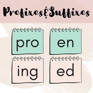 以下が含まれることがあります： 黒で「pro」、「en」、「ing」、「ed」と書かれた、薄い青とピンクのメモ帳が4つあります。