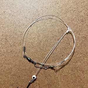 May include: A fishing rig featuring a clear monofilament line, a metal swivel, a metal snap, and a single curved metal hook. A small white bead with a black center is positioned on the line just above the hook, which is attached to the leader.