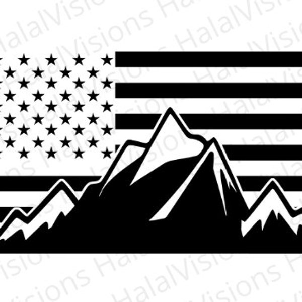 Mountain Range American Flag black and White SVG & PNG File