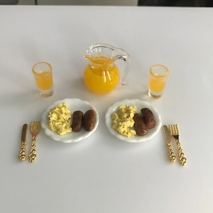 1:12 scale Scrambled eggs, sausage & oj breakfast for 2 - realistic HANDCRAFTED dollhouse miniature food