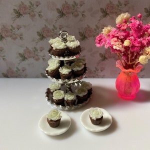 1:24 scale 3-tier cupcake stand w/18 mint rose decorated chocolate cupcakes & 2 plates - realistic HANDCRAFTED dollhouse miniature food