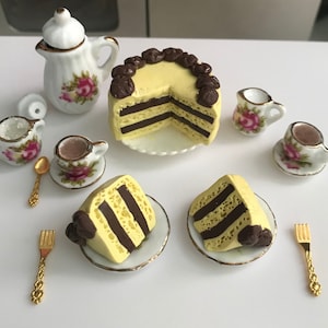 1:6 scale Yellow cake w/coffee for 2 - realistic HANDCRAFTED dollhouse miniature food