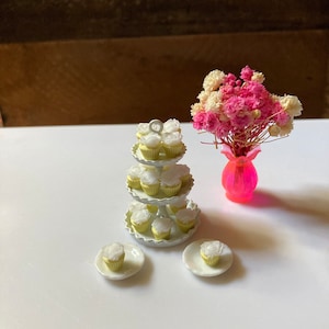 1:24 scale 3-tier cupcake stand w/18 white rose decorated yellow cupcakes & plates - realistic HANDCRAFTED dollhouse miniature food