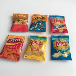 1:6 scale Set of 6 mini chip bags - realistic HANDCRAFTED dollhouse miniature food