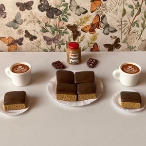 1:6 Scale Chocolate Peanut Butter Bars w/Peanut Butter, Chocolates, and Coffees Treat Set - Dollhouse Miniature Food