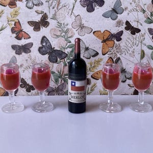 1:6 Scale 4ct. Wine Glasses with Bottle of Wine - Dollhouse Miniature Drinks