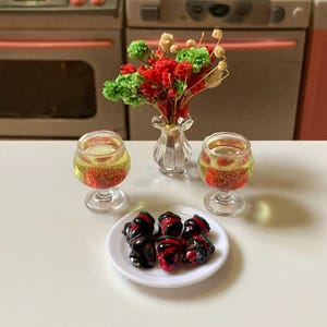 1:6 scale Champagne & Chocolate Covered Strawberries - realistic HANDCRAFTED dollhouse miniature food/drinks
