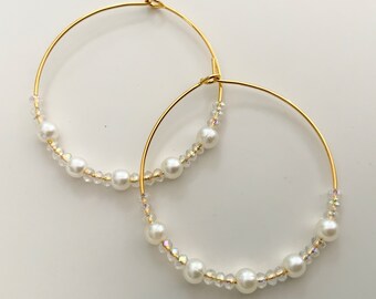 Crystal and Pearl Gold Hoop Earrings | 24k gold-plated | Hypoallergenic