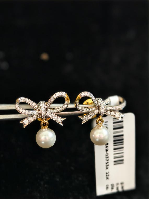 Diamond Bow Pearl Drop Earrings, Vintage Style, Sterling 