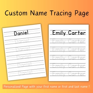 May include: A printable worksheet with two name tracing pages. The first page has the name "Daniel" written at the top and the second page has the name "Emily Carter" written at the top. Both pages have five lines for tracing the name.