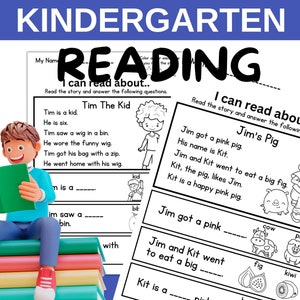 Hojas de trabajo de lectura para jardín de infantes en casa/Pasajes de comprensión/Aula de educación en el hogar/Imprimibles para preescolar/Lectores principiantes/Aprendizaje preescolar