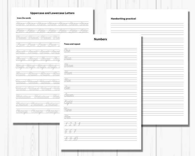 K&ouml;nnte beinhalten: Druckbares Arbeitsblatt zum &Uuml;ben der Handschrift mit Gro&szlig;- und Kleinbuchstaben, Zahlen und zum Nachzeichnen von W&ouml;rtern. Das Arbeitsblatt enth&auml;lt Linien zum Schreiben und Nachzeichnen.