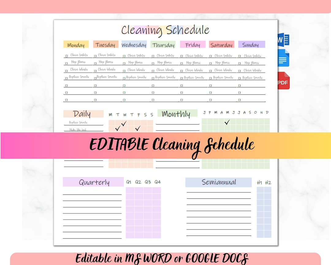 Colorful Editable Cleaning Schedule - Weekly Chores Planner - Daily ...