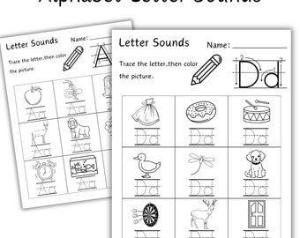 Druckbare Alphabet Buchstaben Klänge Arbeitsblätter Set | Vorschul-KDG Phonics | 24 spielerische Aktivitäten Blätter | Alphabet zum Nachzeichnen und Ausmalen