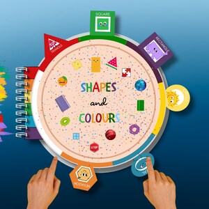 May include: A colourful educational game for kids featuring shapes and colours. The game board is a circle with a pink background and colourful shapes around the edge. The text "Shapes and Colours" is written in the centre of the board.