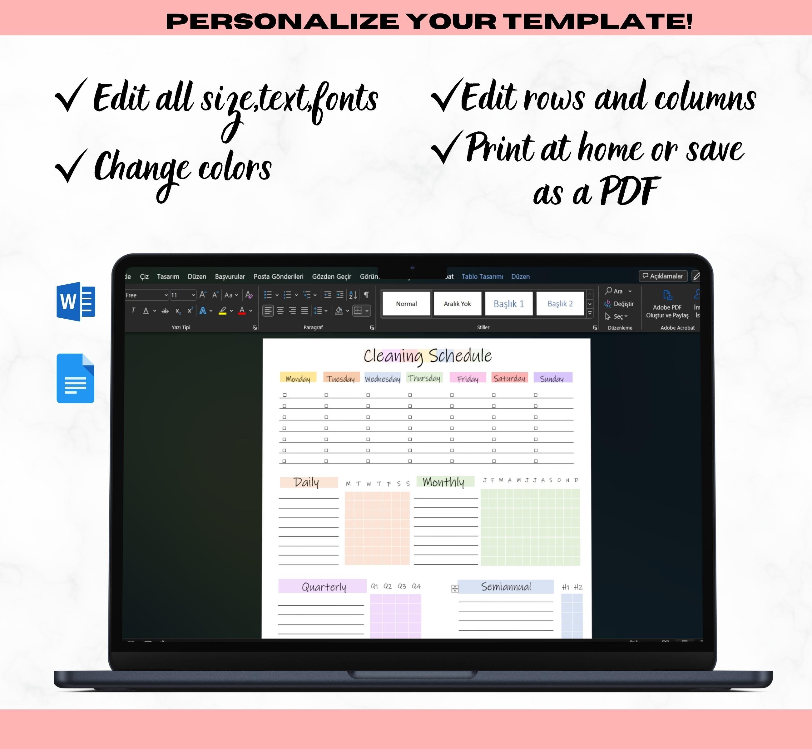 Colorful Editable Cleaning Schedule - Weekly Chores Planner - Daily ...