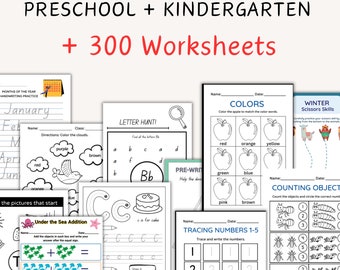 May include: A collection of printable worksheets for preschool and kindergarten. The worksheets include activities such as colouring, tracing numbers, counting objects, and letter recognition. The worksheets are colourful and engaging, and they are designed to help children learn important skills.