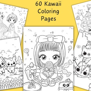 Kawaii Coloring Pages - 60 Adorable Designs - Coloring Book For Kids and Adults - Cute Coloring Pages - Print at home - Digital download