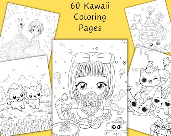 Könnte beinhalten: Ein Set mit 60 Schwarzweiß-Malvorlagen mit niedlichen Kawaii-Charakteren. Die Seiten beinhalten ein Mädchen mit einer Schleife im Haar, einen Pfau, zwei Welpen, einen Cupcake und eine Katze mit einer Partymütze.